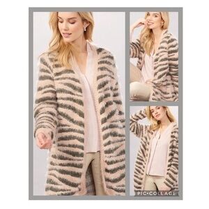Charlie Paige Dusty Rose & Gray Zebra Striped Eyelash Super Soft Cardigan PM